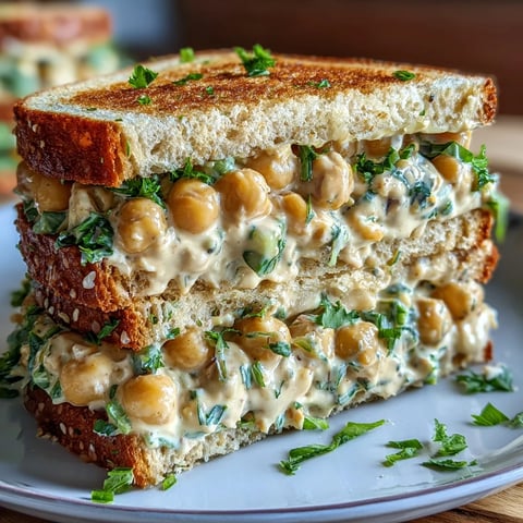 Creamy vegan chickpea salad sandwich with fresh herbs, celery, and tangy Dijon dressing served on whole grain bread.  