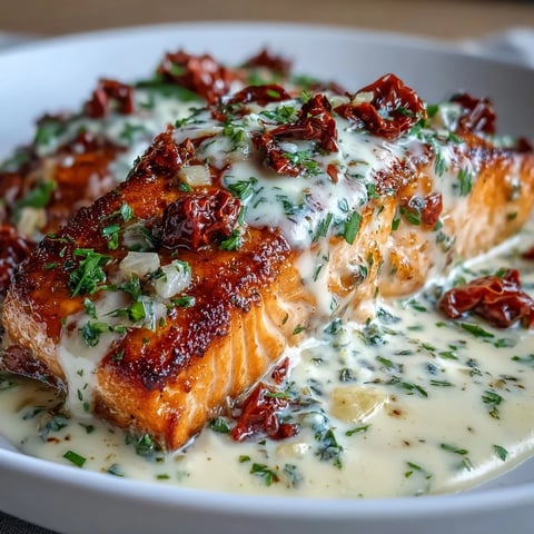 Creamy garlic and sun-dried tomato salmon fillets served in a rich sauce, garnished with fresh basil for a romantic dinner.