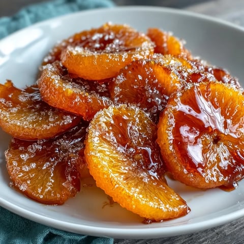 Glazed candied orange segments glistening with sweet citrus syrup, ideal for topping desserts like cakes and ice cream.