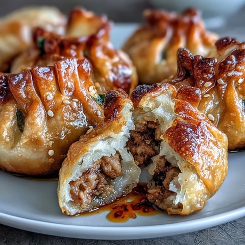 Crispy air fried pork dumplings served with a vibrant, spicy chili oil dipping sauce for an irresistible appetizer.  