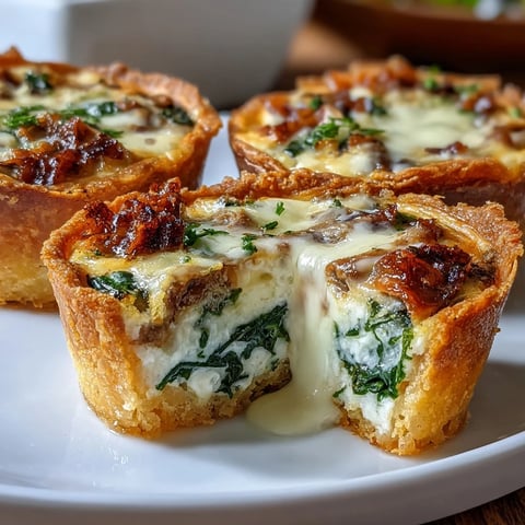 Mini quiche trio with spinach, mushroom, and ham, golden and flaky, perfect for spring brunches or showers.  