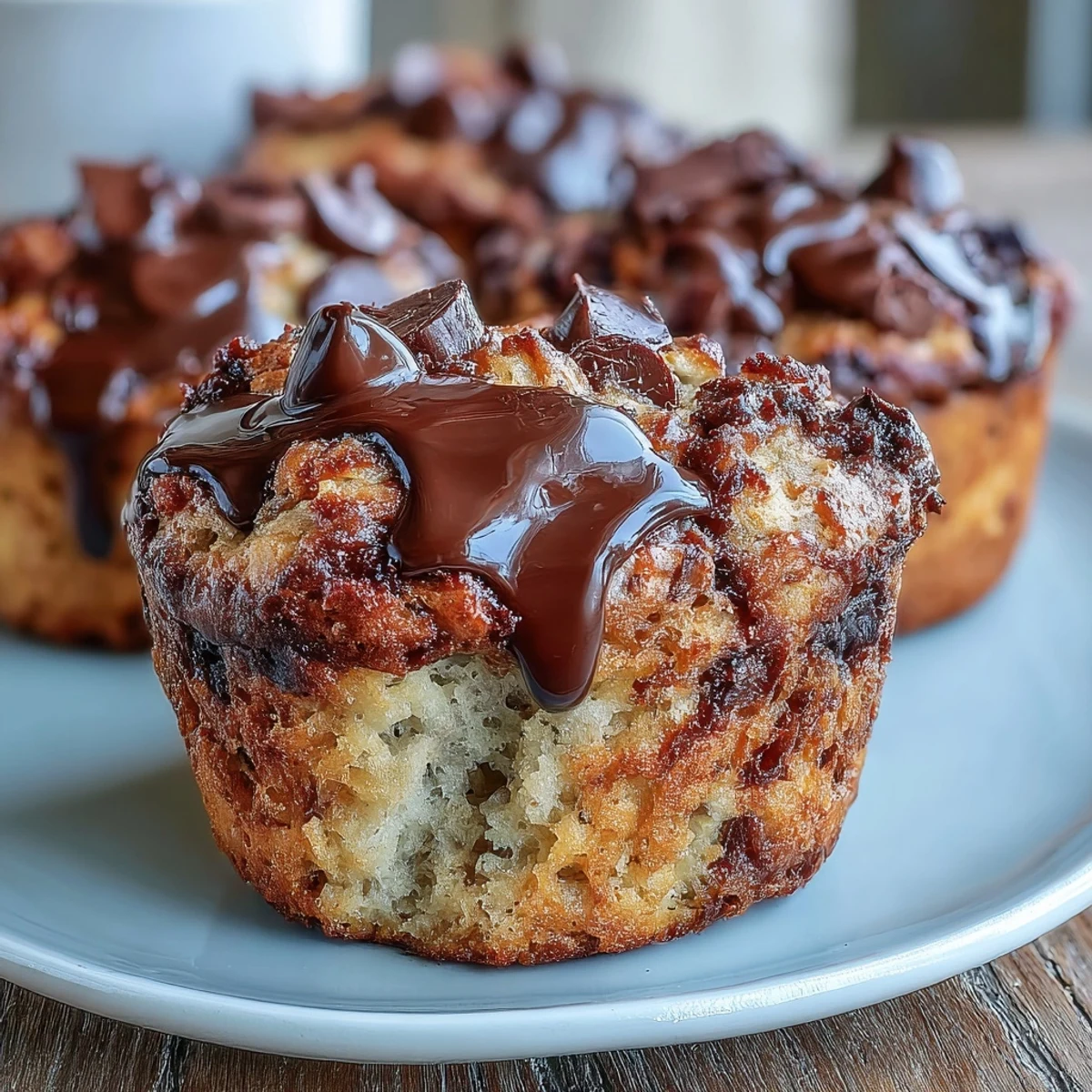 Moist chocolate chip sourdough banana muffins with golden tops and gooey chocolate pockets.  