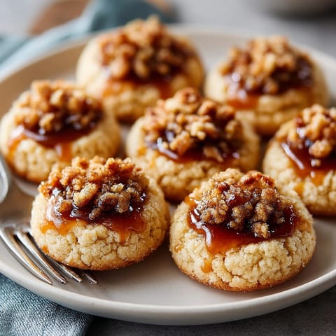 Homemade Caramel Pecan Thumbprint Cookies, fresh-baked and ready to serve at your next holiday gathering.