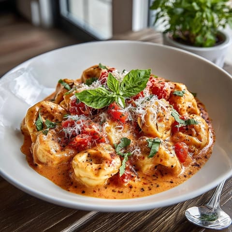 Golden, bubbling Creamy Tomato Tortellini Skillet, hints of basil, served hot and cheesy.