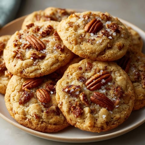 Close-up of chewy **brown butter pecan cookies**, highlighting their crisp edges and pecan pieces.