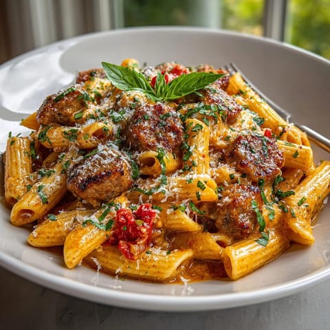 Close-up view of comforting Vodka Penne with Sausage in a warm, inviting bowl.