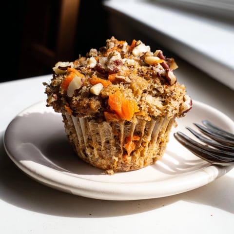 Warm, fragrant homemade Carrot Cake Muffins, bursting with carrots, nuts, and cozy spices.