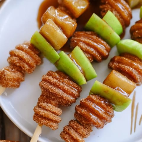 Warm churro bites and caramelized apple chunks on skewers for festive gatherings.  