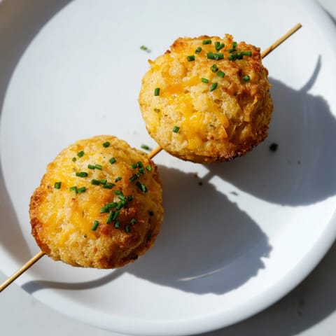 Fluffy Cream Soda Cheddar Biscuit Muffin Skewers garnished with fresh herbs for flavor.  