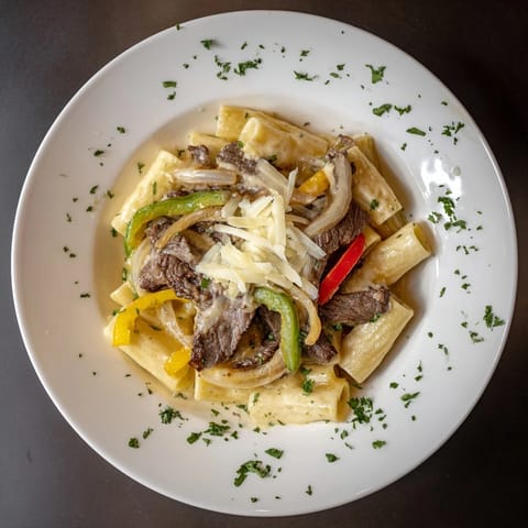 Creamy Philly Cheese Steak Pasta, loaded with savory steak, peppers, and onions, ready to serve.