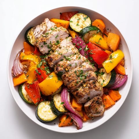 Juicy roasted garlic pork tenderloin, glistening, beside caramelized roasted vegetables, a delicious American classic.