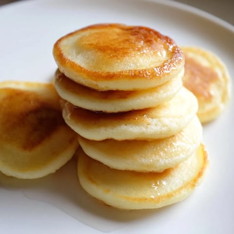 Tiny golden brown pancake cereal ready to be served, topped with fresh berries and syrup.