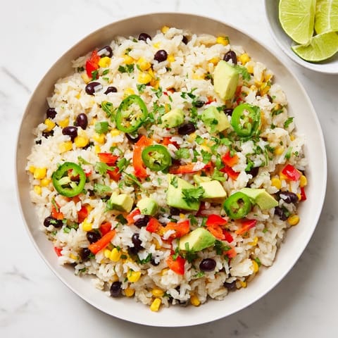 Close-up of One-Pot Mexican Rice & Beans: a hearty meal with colorful vegetables, perfect for meal prep.