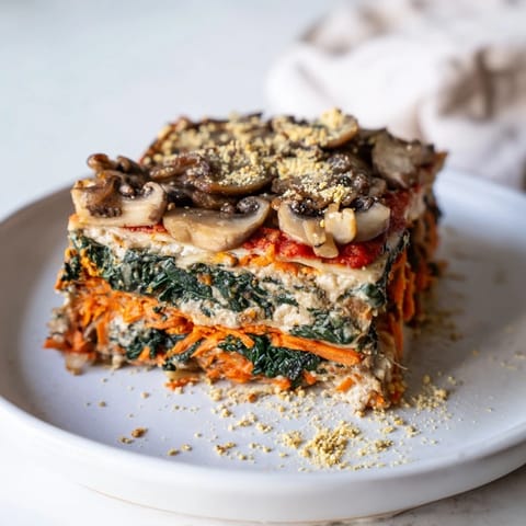 A close-up of a bubbling Vegan Mushroom Spinach Lasagna, showcasing layers of vegetables and sauce.