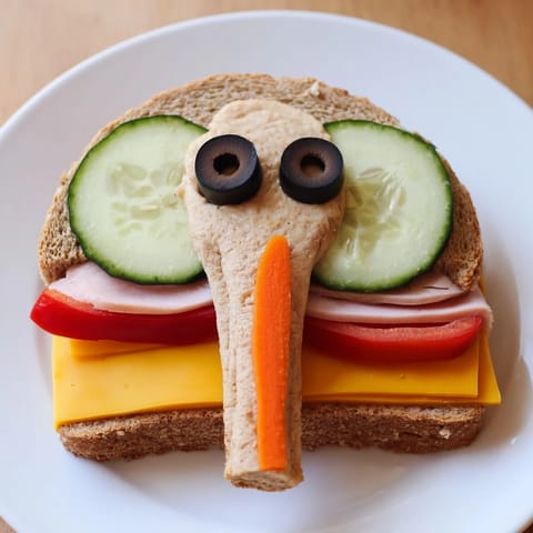 These charming big top elephant sandwiches have carrot trunks and olive eyes, so cute!