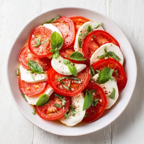 Sliced tomatoes and mozzarella rounds, glistening with olive oil and basil, ready to eat alongside crusty bread.