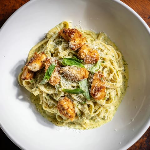 Creamy pesto egg and chicken pasta with golden chicken and grated Parmesan—a delightful meal.