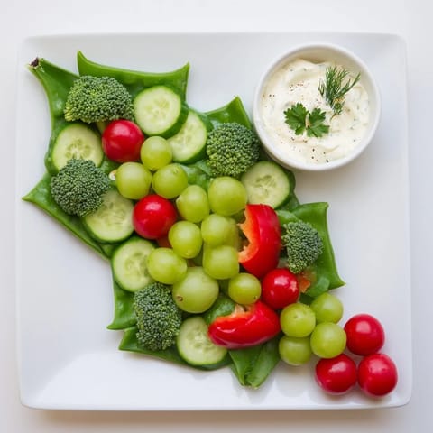 Holly Leaf Veggie Board overflowing with fresh, vibrant vegetables and a creamy dill dip, ready to enjoy.