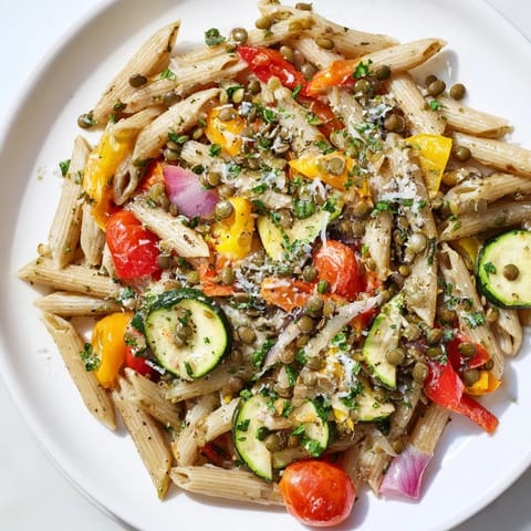 Golden-brown, roasted vegetables tossed with flavorful Lentil Pasta in a family-style Italian dish.