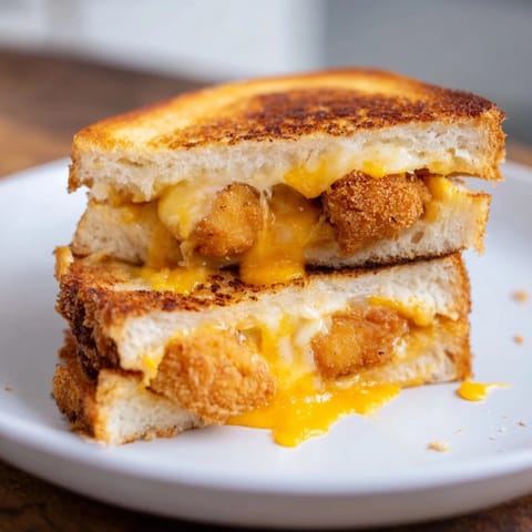 Golden, melted Chicken Nugget Grilled Cheese sandwich, a satisfying American comfort food on the griddle.