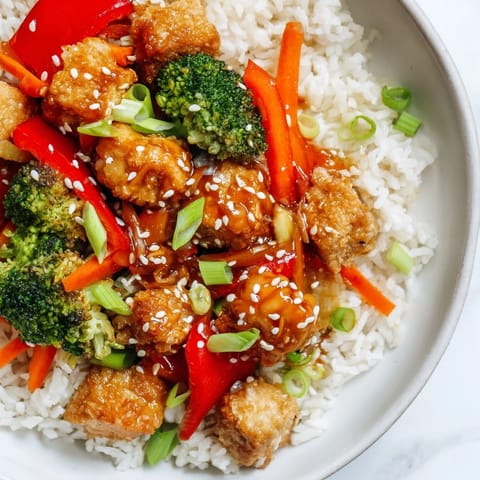 A beautiful close-up of fragrant Honey Garlic Tofu Bowls featuring colorful vegetables and sesame seeds.
