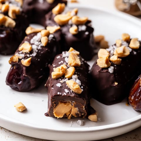 Melted chocolate glistens atop Date Bark Snickers-Style, a no-bake dessert bursting with peanut butter sweetness.