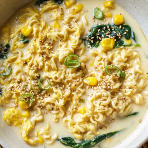 Garnished with scallions and sesame seeds, this warm, inviting Elevated Ramen Egg Drop Soup is delicious.