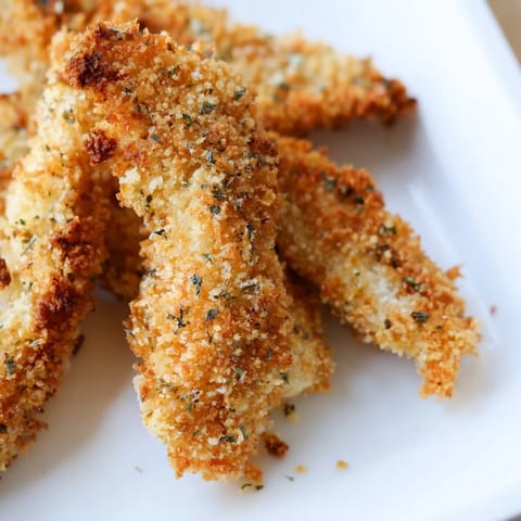 Freshly baked Crispy Panko Chicken Strips displayed on a wire rack for extra crunch, alongside colorful dipping sauces.