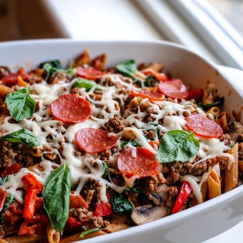 Sliced turkey pepperoni and bubbly cheese top this High Protein Italian Beef and Pasta Bake, pulled straight from a 9x13 inch baking dish and served alongside a crisp green salad for a complete family dinner. 