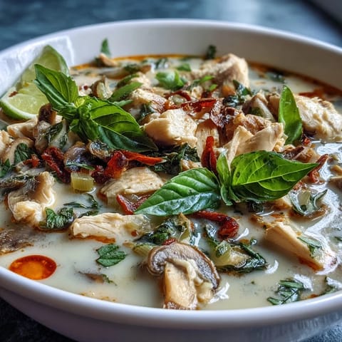 A close-up of creamy Thai Chicken Coconut Curry Soup with chicken and red bell peppers.