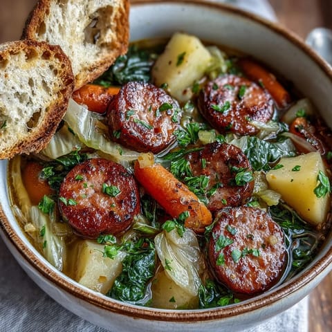 Golden brown sausage slices, creamy potato chunks, and vibrant green cabbage simmer in a rich, aromatic broth in this hearty soup.