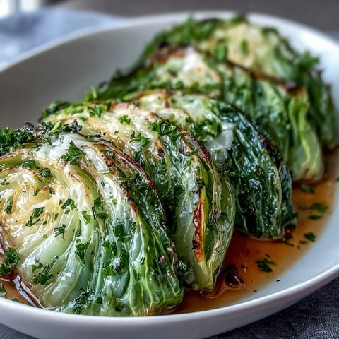 A close-up of herby cabbage in parmesan broth, with steam rising and parsley flecks.