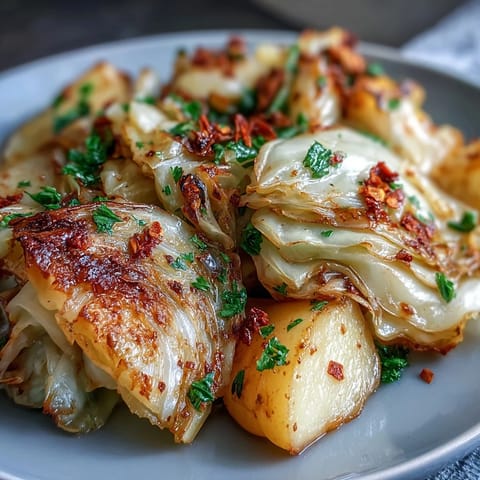 Golden potatoes and buttery braised cabbage garnished with fresh parsley, served warm in a rustic earthenware pot.  