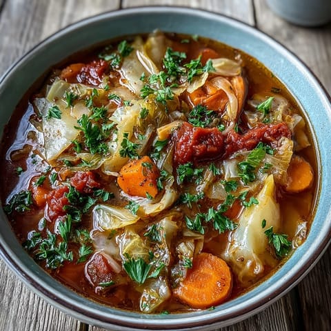 A comforting bowl of Classic Cabbage Soup garnished with fresh parsley, perfect for a chilly evening meal.  