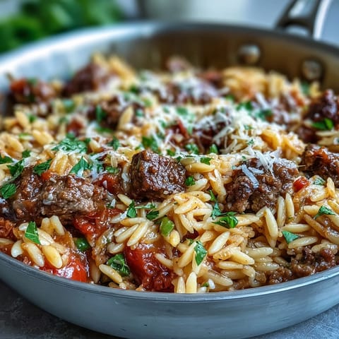 Steaming skillet of Comforting Ground Beef Orzo Dinner, topped with melted Parmesan and fresh parsley for a family-style meal.