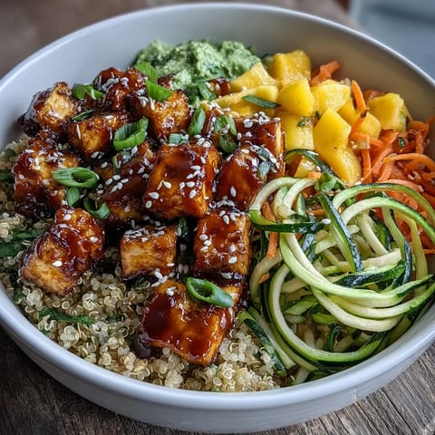 Colorful spiralized vegetables and diced mango add fresh texture to a vibrant bowl of Easy Teriyaki Quinoa Bowl drizzled in glossy sauce.