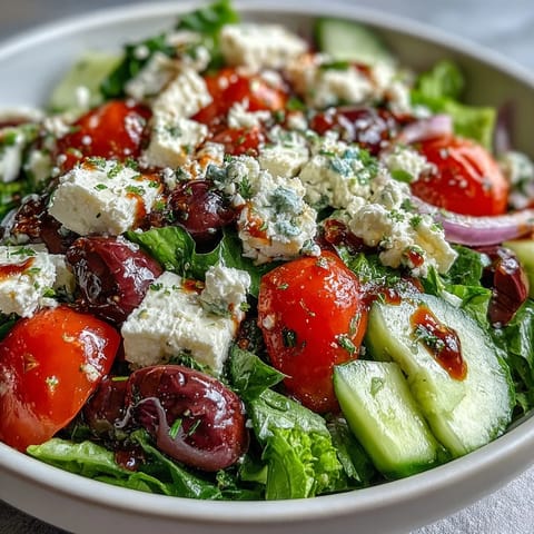 Serving this Greek Salad Bowl chilled, topped with crumbled feta and sliced cucumbers for a refreshing, crunchy Mediterranean-inspired meal.