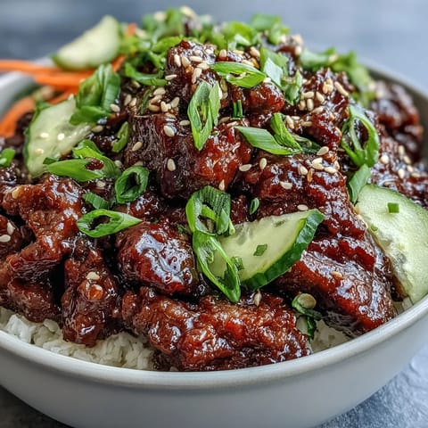 A close-up of a savory Korean Beef Bowl with spicy gochujang sauce, sesame seeds, and vibrant vegetables for a flavorful dinner.