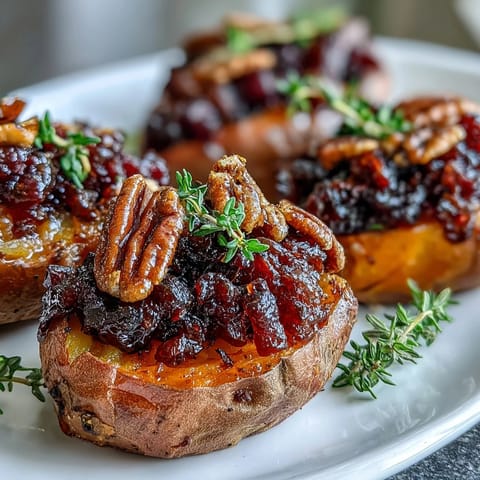 A generous serving of Cranberry Apple Twice Baked Sweet Potatoes filled with caramelized apples and toasted pecans.