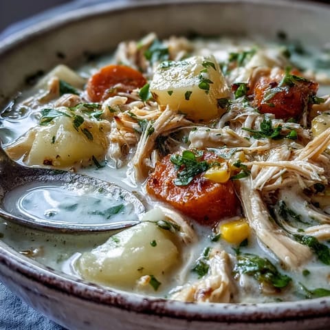 Creamy Ranch Chicken Veggie Soup with tender shredded chicken, corn, and diced potatoes.