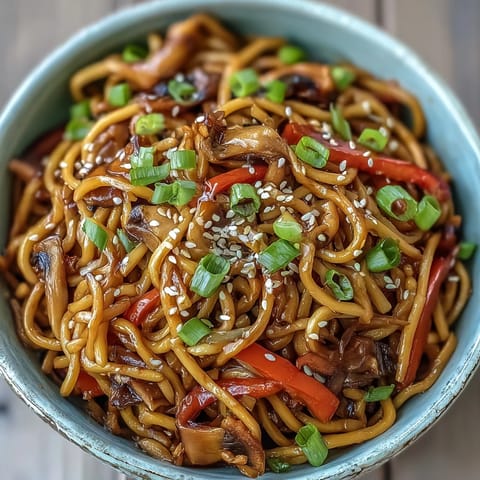 Close-up of Korean Turkey Fried Noodles in a wok, glistening with sauce and colorful veggies.