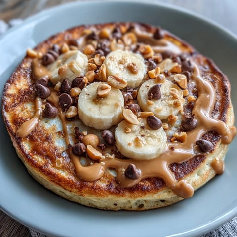 Freshly baked Peanut Butter Cup Protein Pancake Bowl with melted chocolate chips and a peanut butter drizzle.