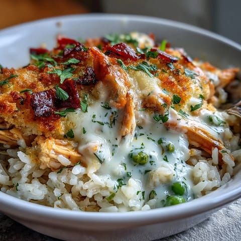 Spoon serving Creamy Garlic Chicken & Rice Casserole revealing tender chicken, peas, and fluffy rice in a rich garlic sauce.