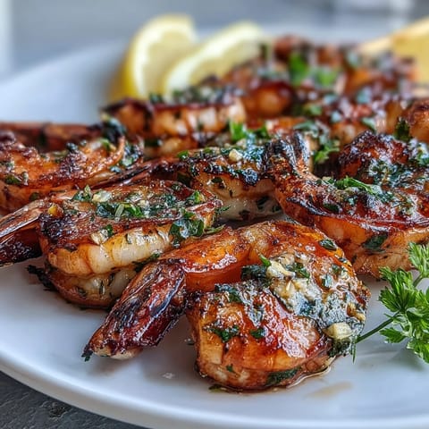 Light Lemon Herb Grilled Shrimp Skewers glowing with char marks on a platter.