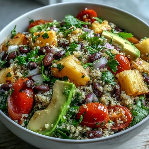 Freshly diced pineapple and creamy avocado in Tropical Quinoa Salad with Pineapple and Black Beans, tossed in lime dressing.