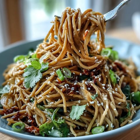 Vibrant vegan soba noodle salad with spicy peanut dressing and crunchy slaw, packed with colorful veggies and bold flavors.