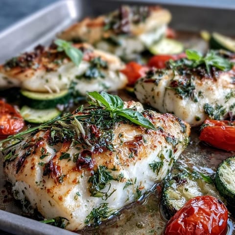 Vibrant sheet pan tilapia fillets roasted with zucchini, cherry tomatoes, and garlic herb marinade for a healthy dinner.  