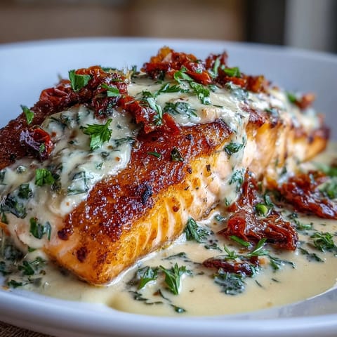 Golden seared salmon in a velvety Parmesan and cream sauce, topped with sun-dried tomatoes and Italian herbs for a cozy meal.