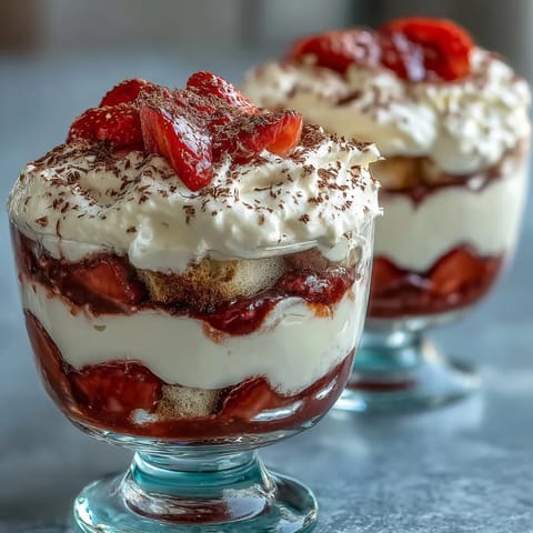 Valentines Day Strawberry Tiramisu Cups with layers of mascarpone cream and coffee-soaked ladyfingers in elegant glass servings.
