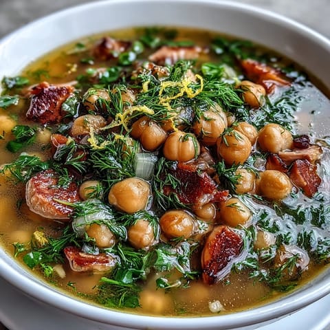 A steaming bowl of ham and chickpea soup with lemon and dill, garnished with fresh herbs and lemon zest.  